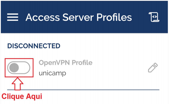 Clique no seletor do OpenVPN Profile Unicamp