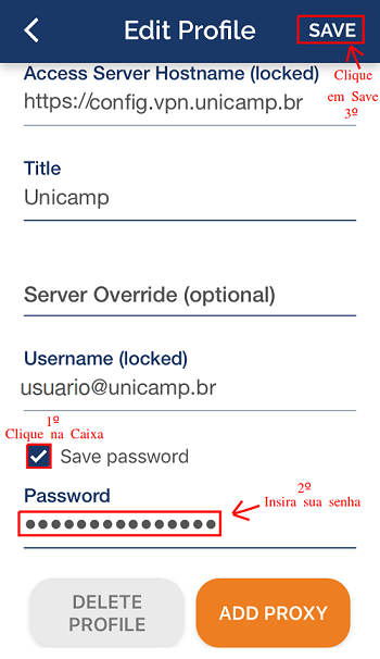 Clique na opção Save password, informe sua senha e depois clique em SAVE