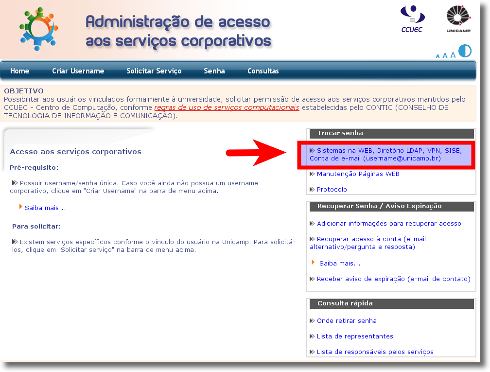 Tela "Alterar Senha" do Sistema de acesso aos serviços corporativos