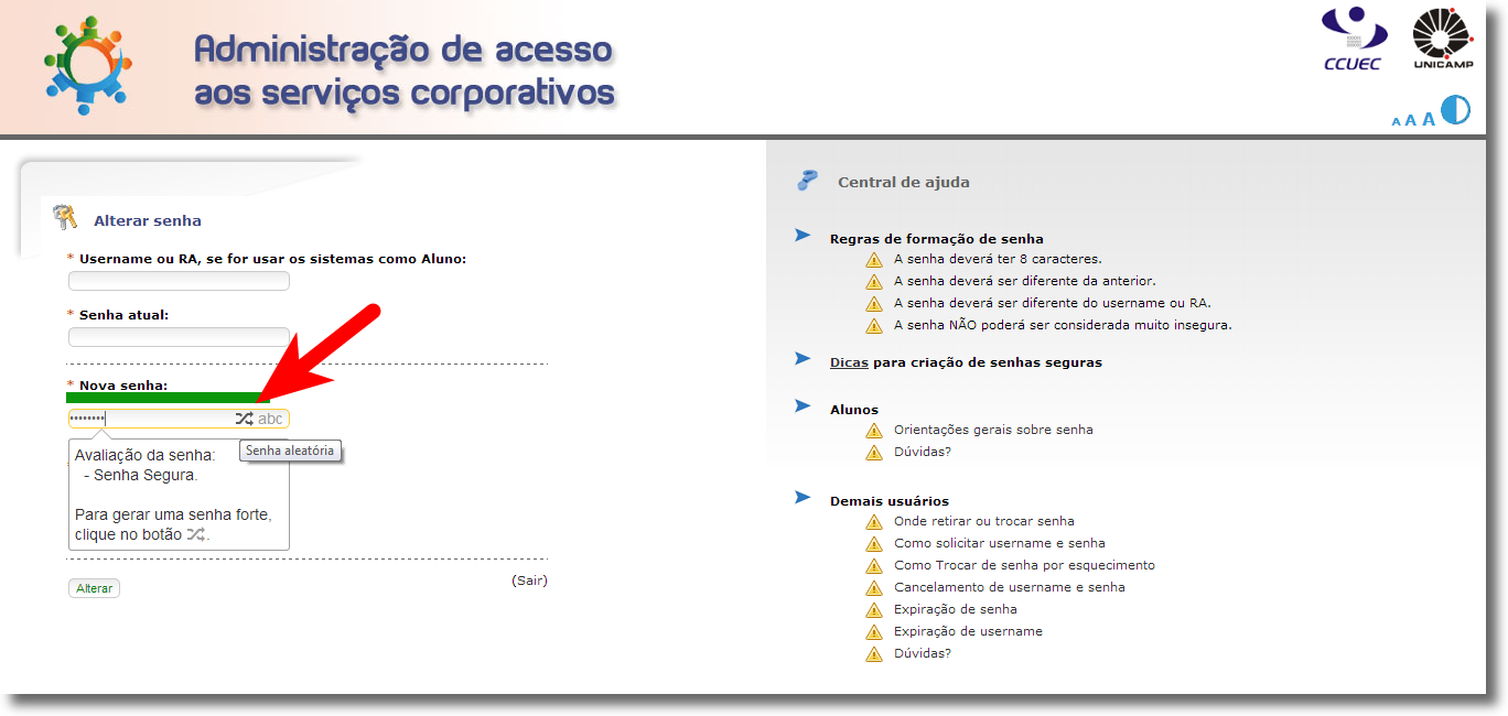 Tela "Alterar Senha" do Sistema de acesso aos serviços corporativos